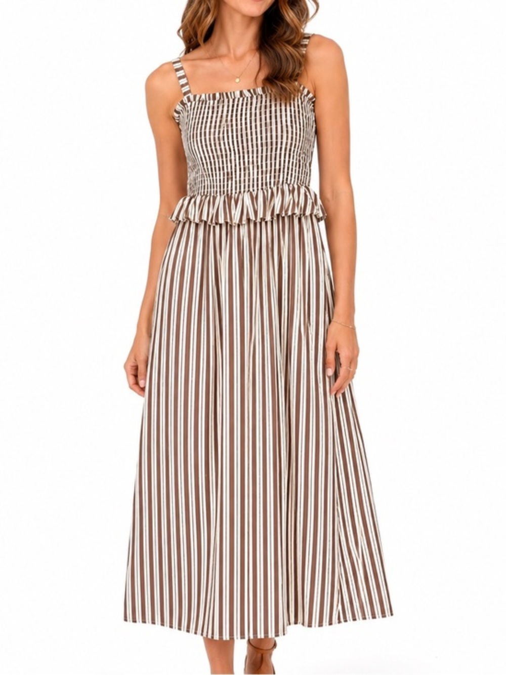 Market & Spruce Taylor Poplin Smocked Stripe Midi Dress Brown Cream Medium NWT